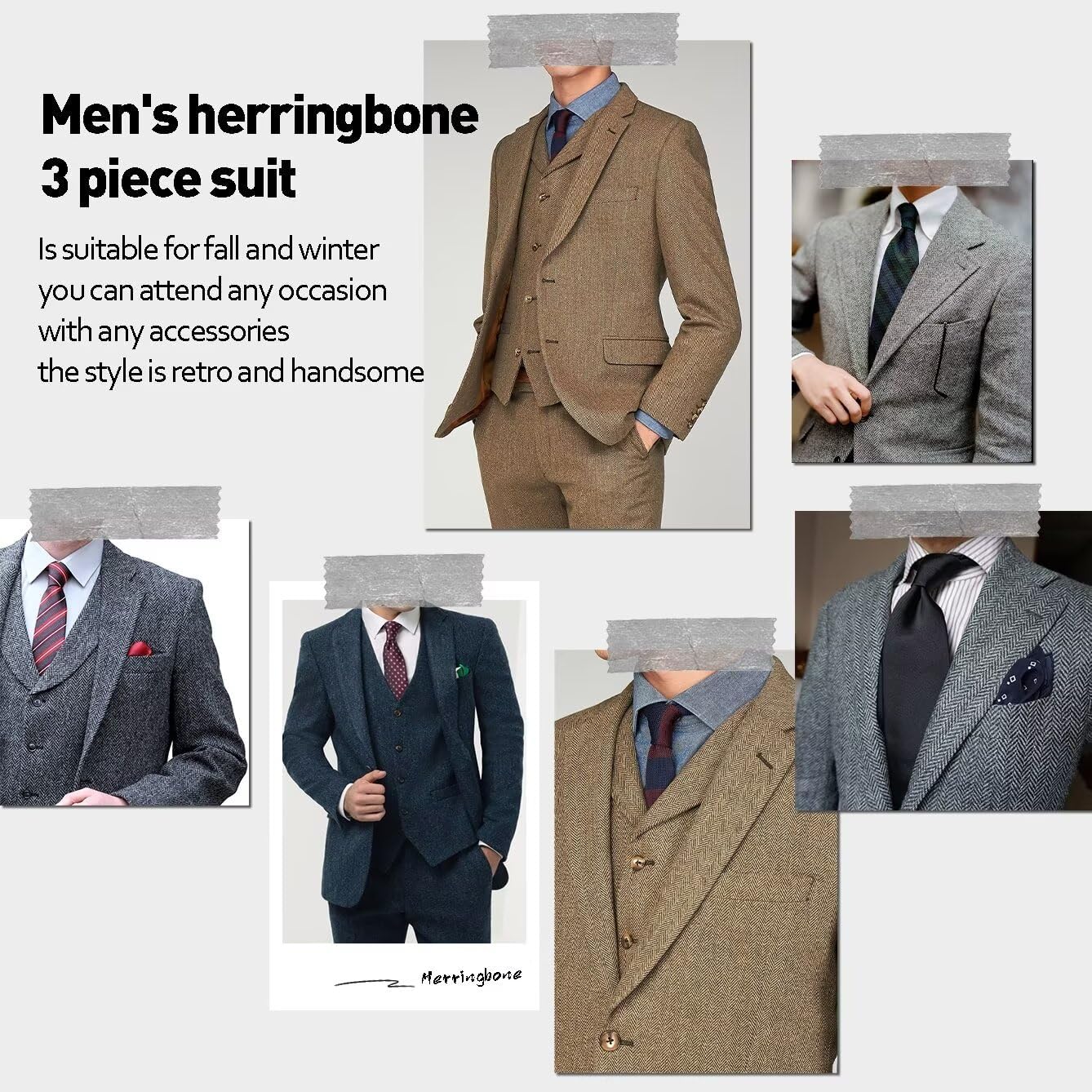Men's Slim Fit Tweed Herringbone 3-Piece Suit - Wedding, Groomsmen, Prom Tuxedo Set with Jacket, Vest & Pants | Formal Occasions, Business Events & Special Celebrations