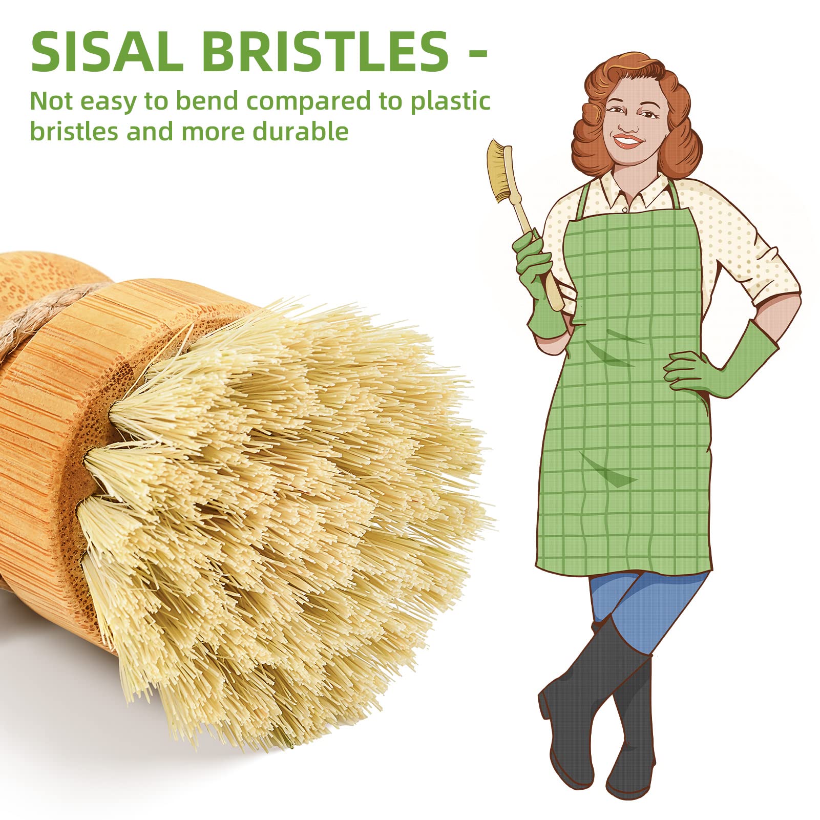 SUBEKYU Eco-Friendly Bamboo Dish Scrub Brushes Set of 3 - Natural Wooden Cleaning Scrubbers for Cast Iron Pans, Pots, Dishes - Perfect for Kitchen Cleaning, Camping & Outdoor Cooking