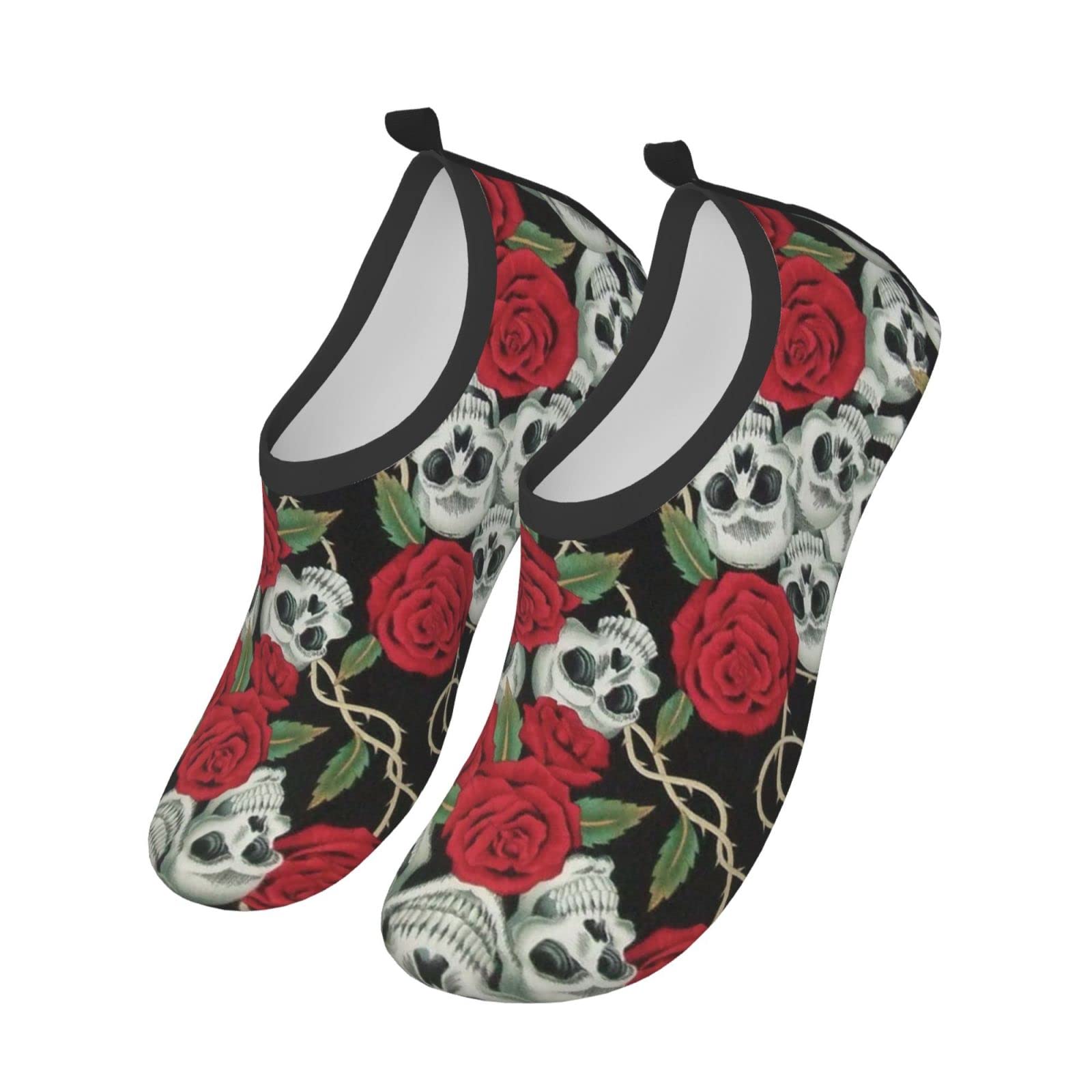 Funny Water Shoes for Women & Men - Barefoot Quick Dry Aqua Socks for Beach, Swim, Surf, Yoga & Exercise - Lightweight Flexible Water Shoes with Red Rose Skull Design - Perfect for Water Sports, Pool Parties & Summer Adventures