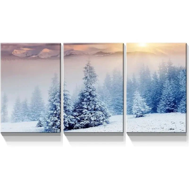 3-Piece Snow Covered Mountains & Trees Lake Metal Wall Art Prints - Ready to Hang Landscape Decor for Living Room, Bedroom & Office