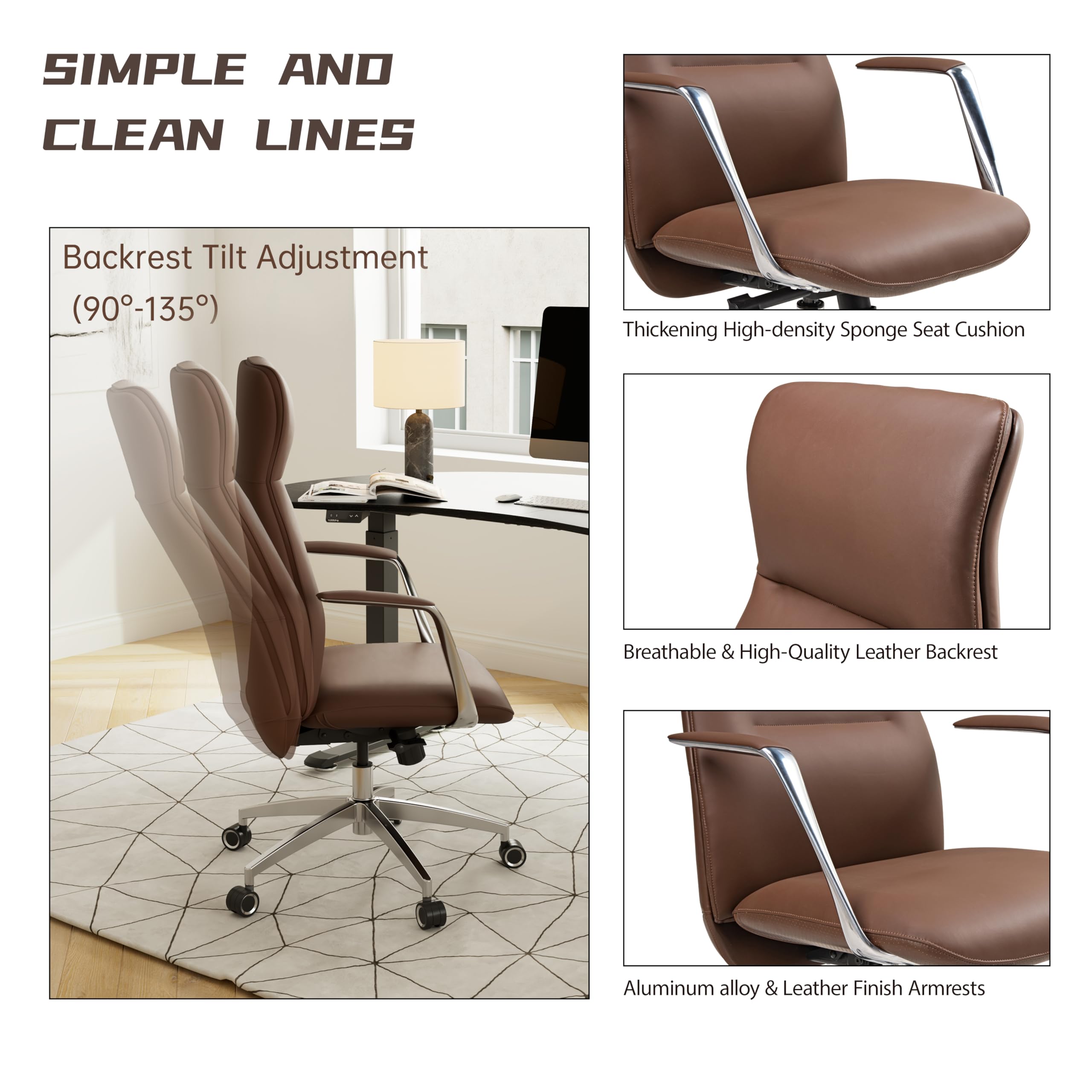 Premium High Back Executive Office Chair - Brown Genuine Leather Ergonomic Desk Chair for Adults, Big & Tall with 360° Swivel & Smooth-Rolling Wheels - Perfect for Home Office, Conference Rooms & Corporate Workspaces