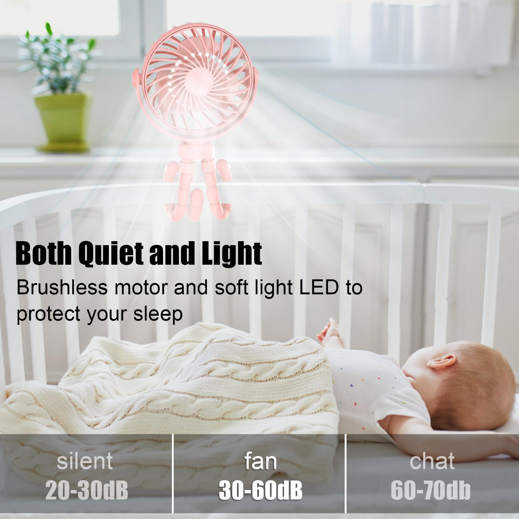 Portable 3-Speed 360° Rotating Stroller Fan with Flexible Tripod - Battery Powered Mini Fan for Baby Crib, Car Seat, Treadmill & Travel - Perfect for Outdoor Activities, Nursery Cooling & On-the-Go Comfort (Pink)