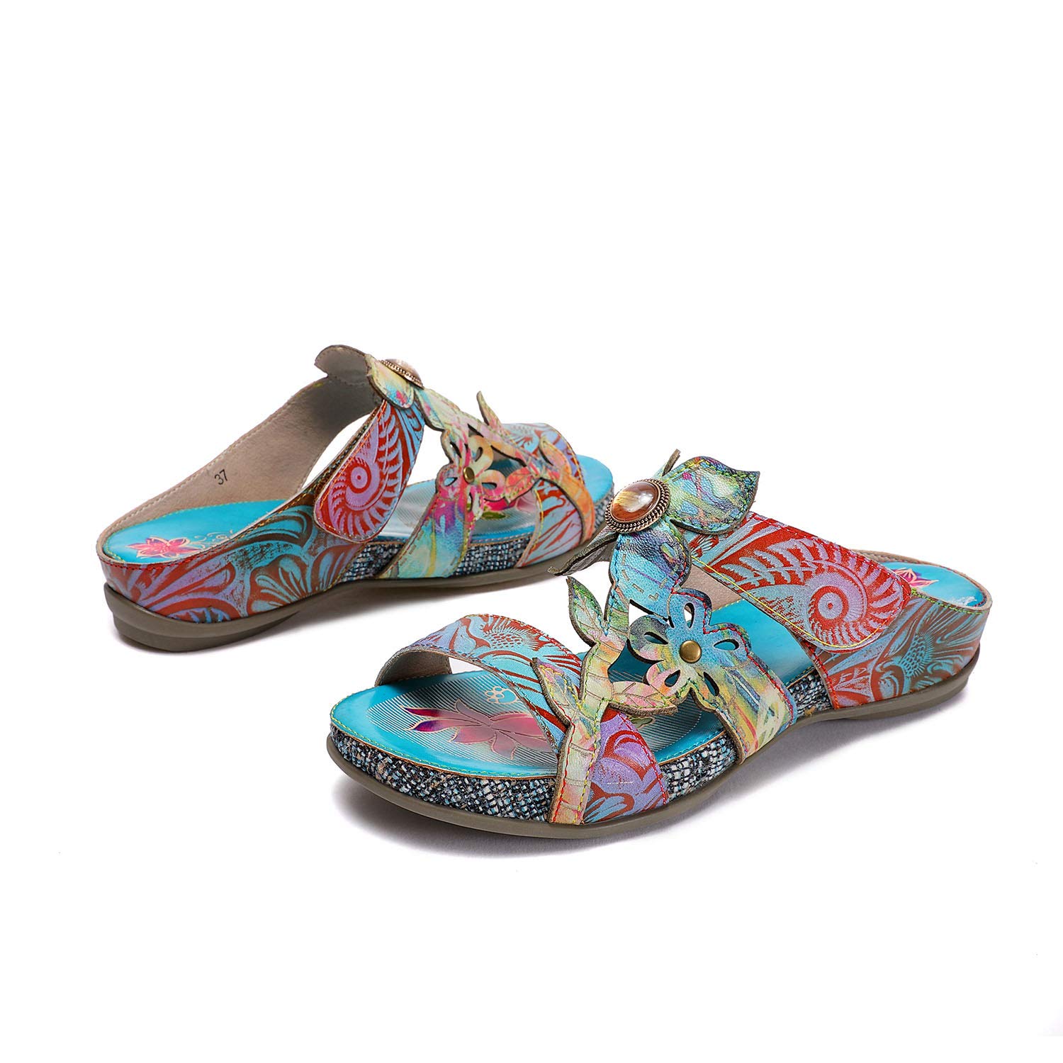 CrazycatZ Women's Leather Bohemian Floral Wedge Sandals - Colorful Platform Slide Sandals for Summer, Beach, and Casual Outings