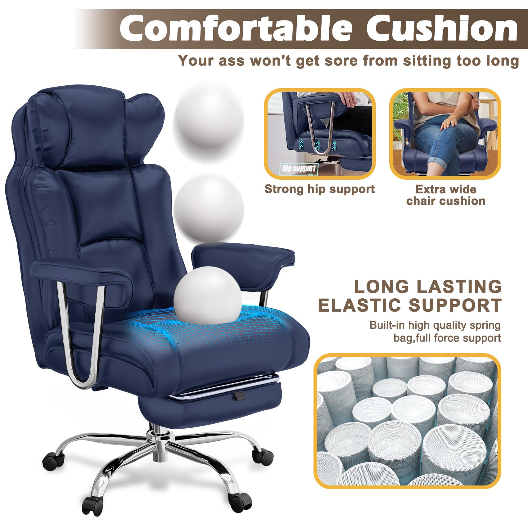 Big and Tall Office Chair with Footrest - Heavy Duty Executive Reclining Leather Chair, Adjustable High Back, Supports Up to 400lbs - Perfect for Large Men, Home Office, Gaming, and Long Work Sessions
