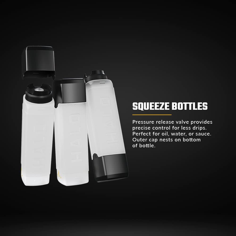 HALO Elite Squeeze Bottle 27 oz (3-Pack) - Premium Oil & Sauce Dispenser for Griddle Cooking, BBQ, Baking & Kitchen Use - Leak-Proof Condiment Bottles with Precision Tip
