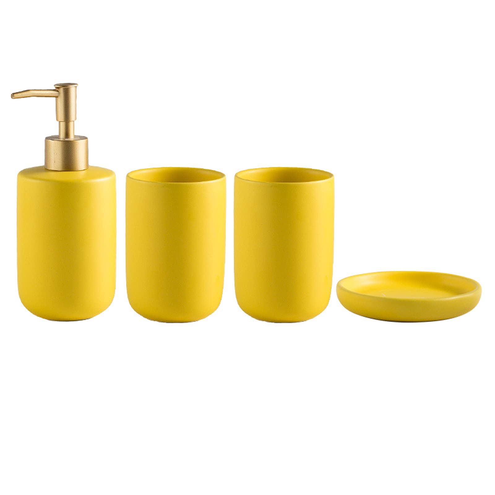 4-in-1 Manual Ceramic Soap Dispenser Set - Bathroom Countertop Essential Oil Lotion Dispenser with Soap Dish & Cup - Elegant Yellow for Home, Spa & Hotel Decor