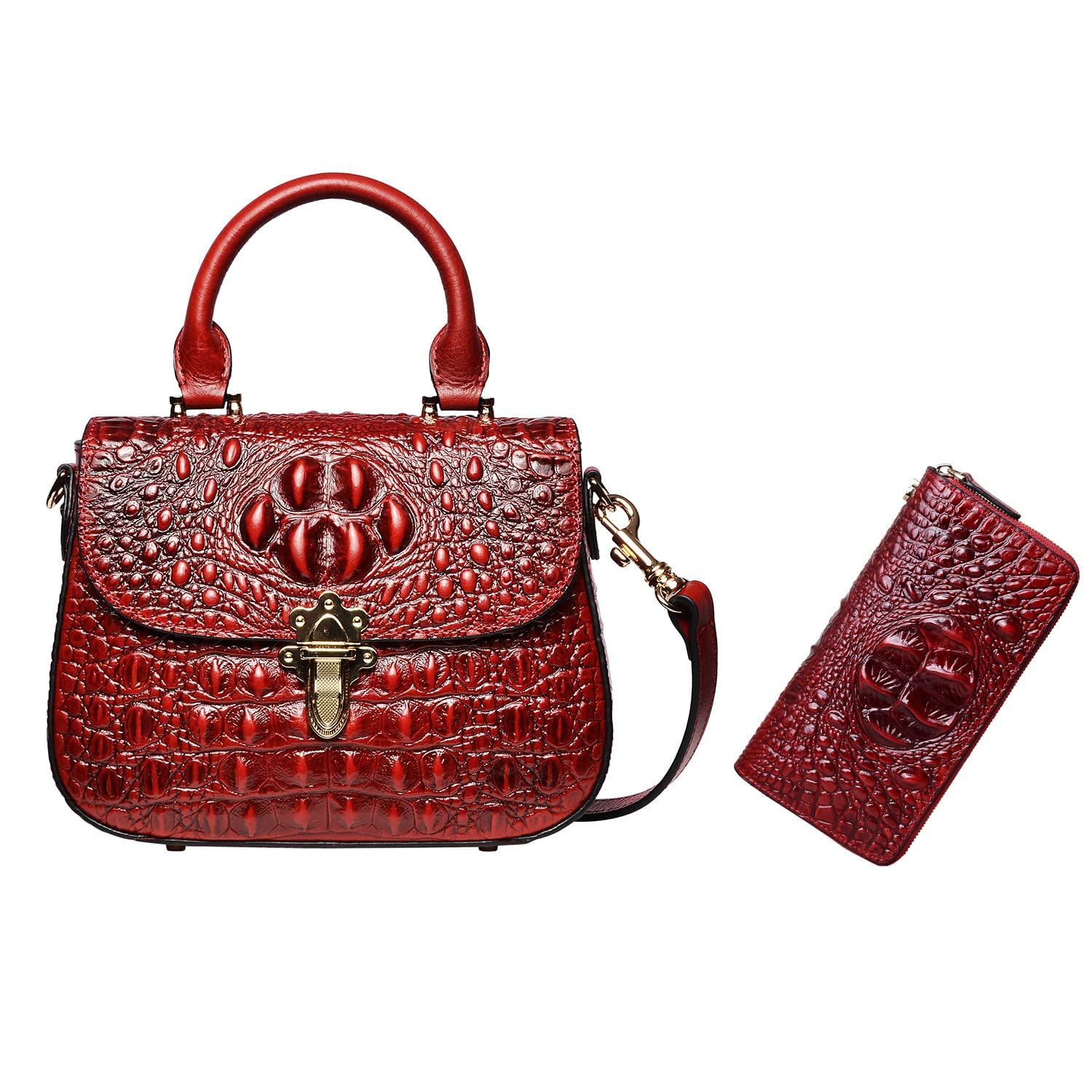 PIJUSHI Women's Leather Crossbody Shoulder Bag - Crocodile Embossed Satchel Purse with Matching Wristlet Wallet Set | Fashionable Handbag for Work, Travel & Evening Events