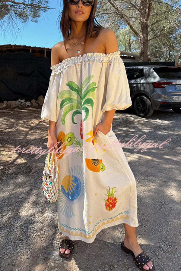 Sunveil Linen Blend Floral Print Puff Sleeve Strapless Maxi Dress with Pockets - Perfect for Beach Weddings, Summer Vacations & Boho Fashion