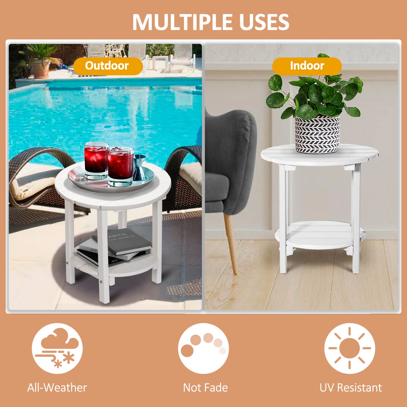 2-Tier Outdoor Side Table - Weather-Resistant HDPE Adirondack Patio End Table - Round White Small Outdoor Furniture for Poolside, Garden & Deck Use