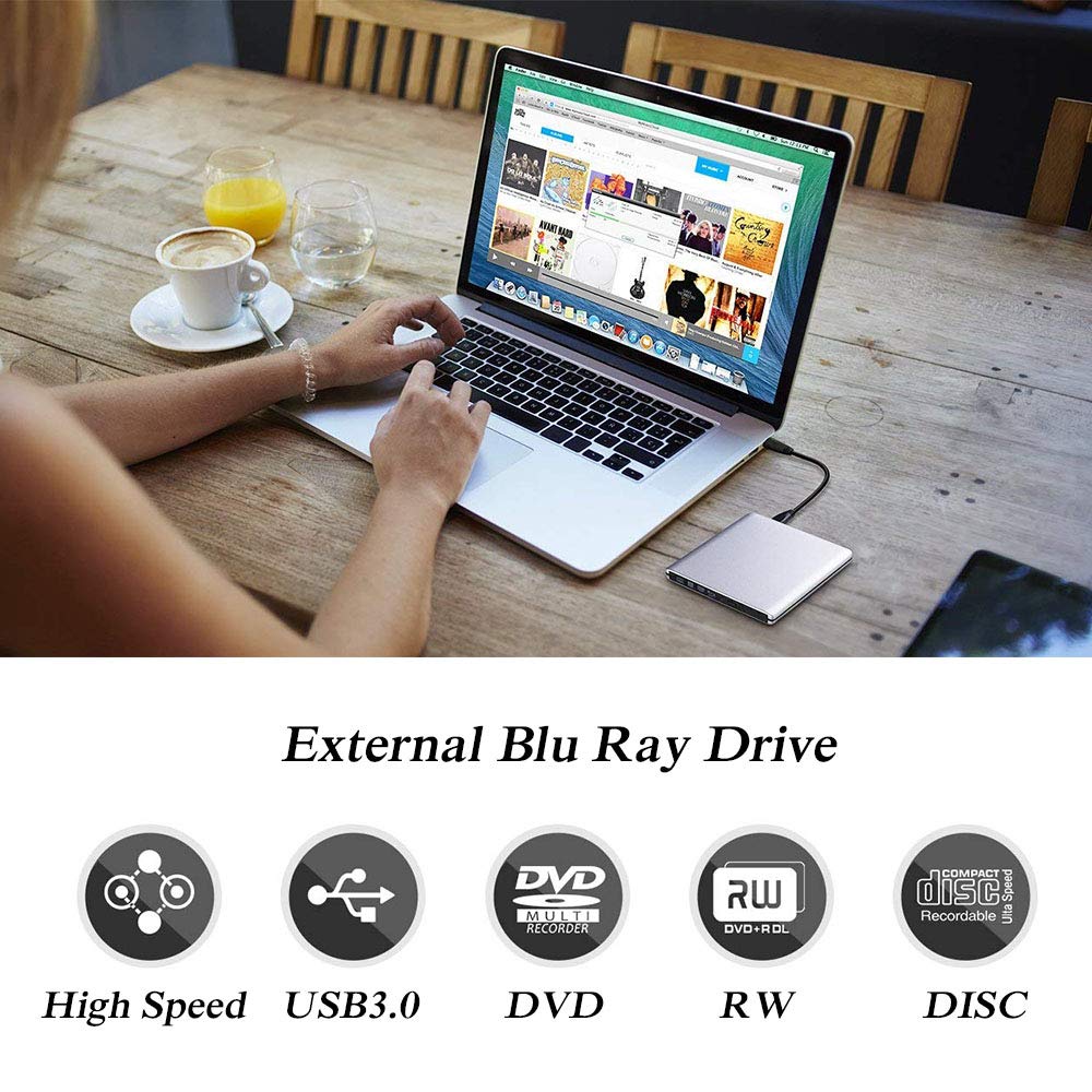 Ultra Slim USB 3.0 External Blu-Ray DVD Drive - Portable CD/DVD Burner & 3D Player with DVD-RW Reader for PC Laptop - Silver | Perfect for Home Entertainment, Office Work & Data Backup