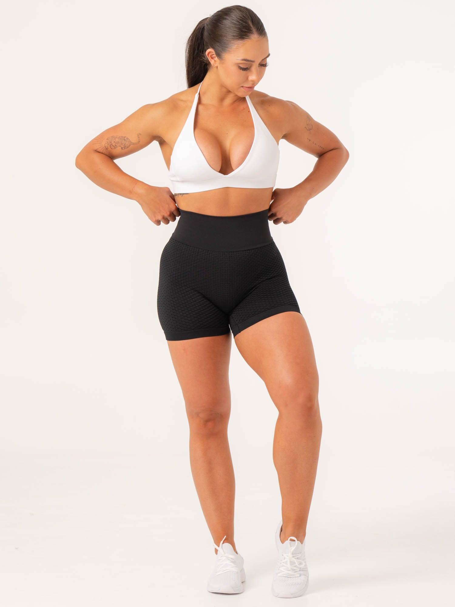 Honeycomb Scrunch Seamless Shorts for Women - High Waisted Yoga Shorts, Workout Running Gym Shorts - Black - Perfect for Yoga, Running & Lounge Wear