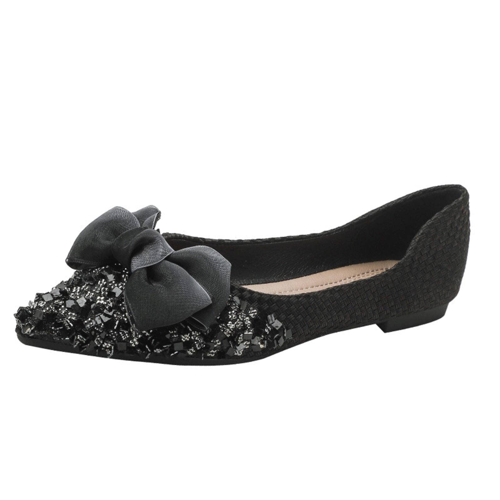 Elegant Rhinestone Bow Pointed Toe Flat Pumps for Women - Plus Size Evening Shoes & Boat Shoes | Perfect for Weddings, Parties & Formal Occasions