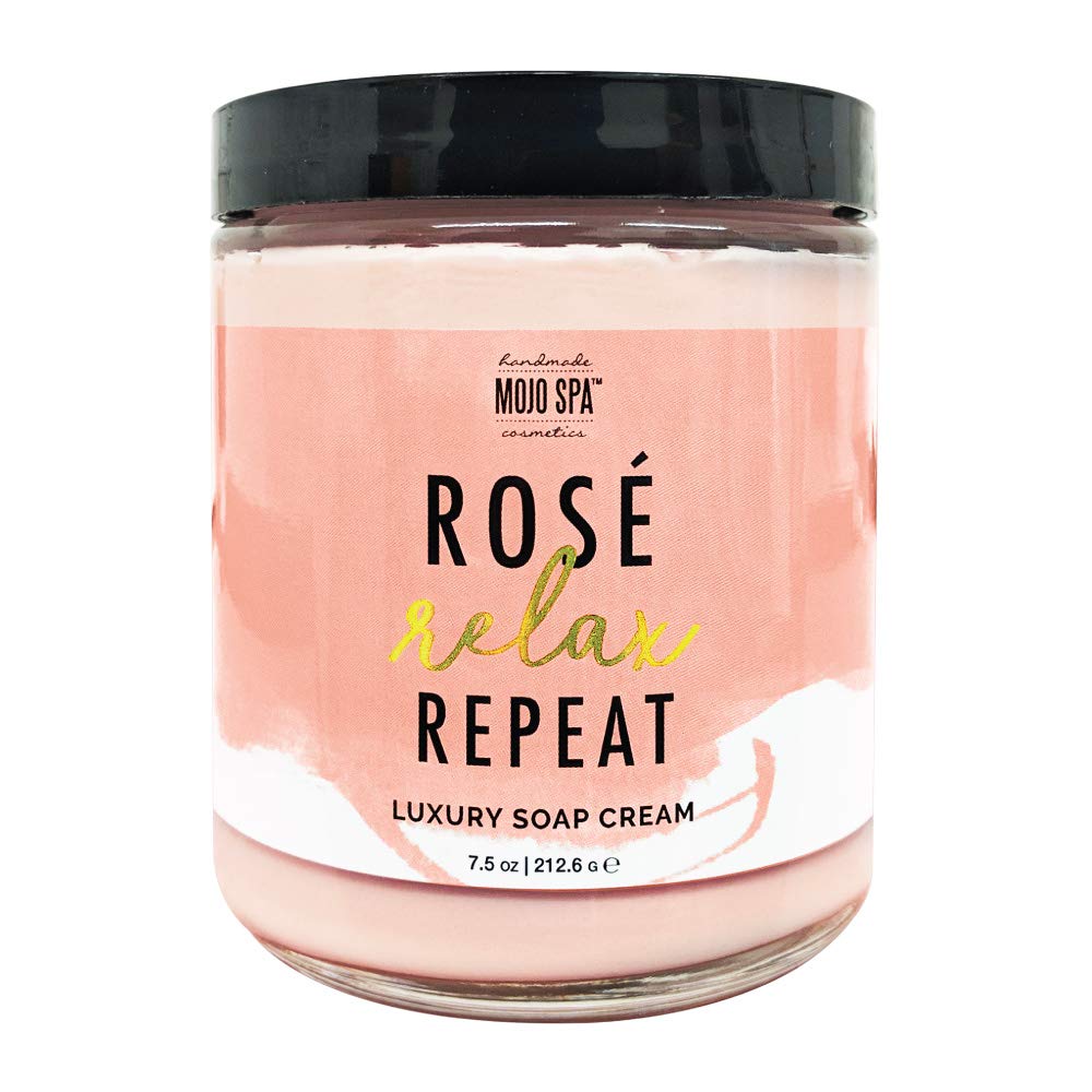 Mojo Spa Rosé Relax Repeat Extra Large Gift Set - 4 Handmade Natural Bath & Body Products for Women | Face & Body Scrub, Soap Cream, Bath Salts, Massage Candle | Perfect for Self-Care, Spa Day, Birthday & Anniversary Gifts