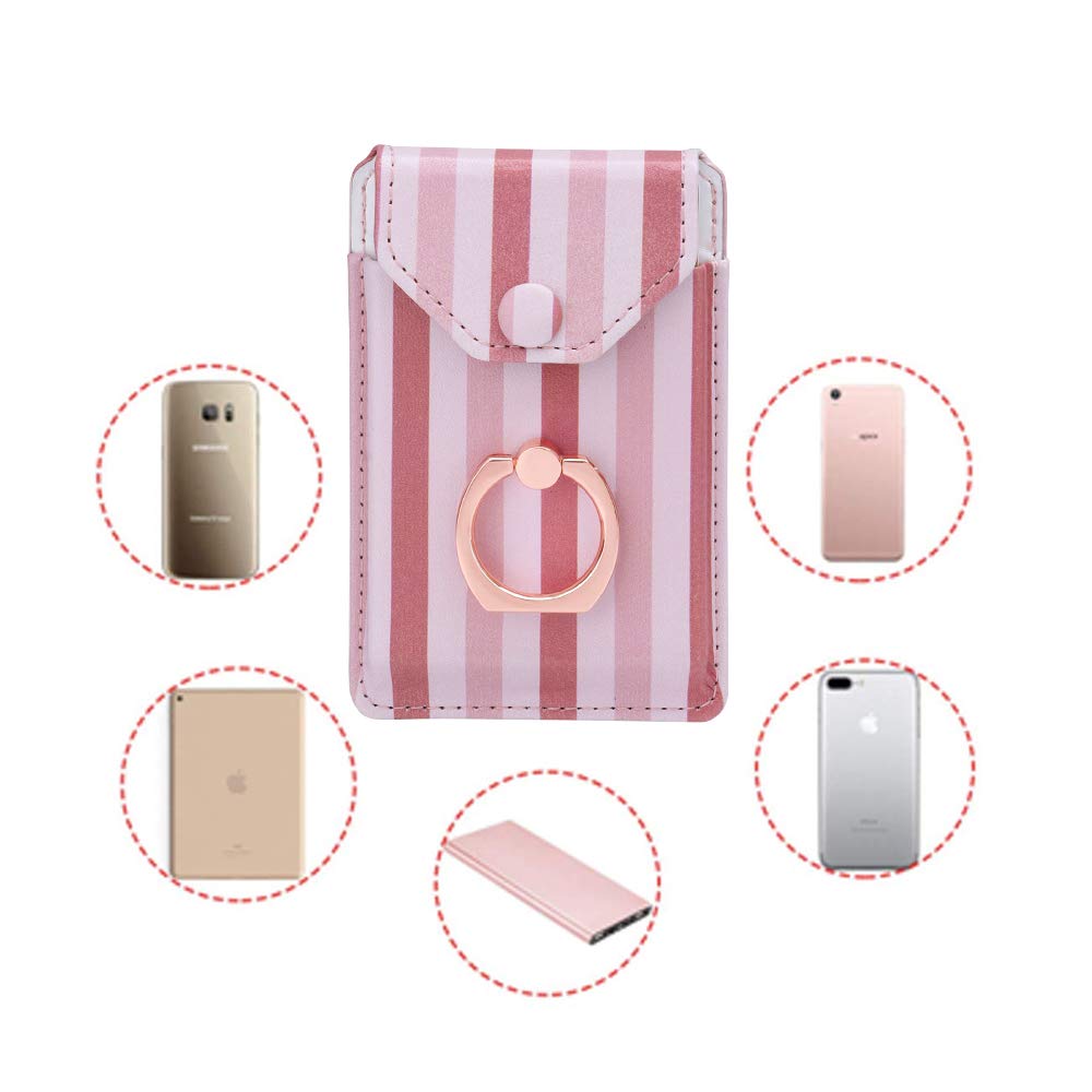 RFID Blocking Ring Stand & Adhesive Wallet Card Holder for iPhone, Android & All Smartphones - Stick on Phone Back for Credit Cards - Pink Striped Design | Perfect for Hands-Free Viewing, Contactless Payments & Everyday Convenience