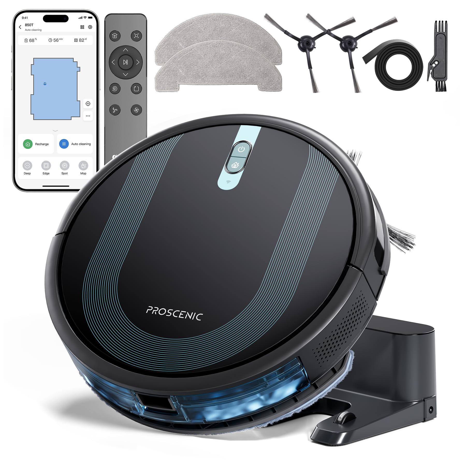 Proscenic 850T Ultra Slim Robot Vacuum and Mop Combo - 3000Pa Strong Suction, 120 Min Runtime, Self-Charging, WiFi/APP Control for Hardwood Floors, Pet Hair, Carpets - Perfect for Home Cleaning with Pets & Multi-Surface Maintenance