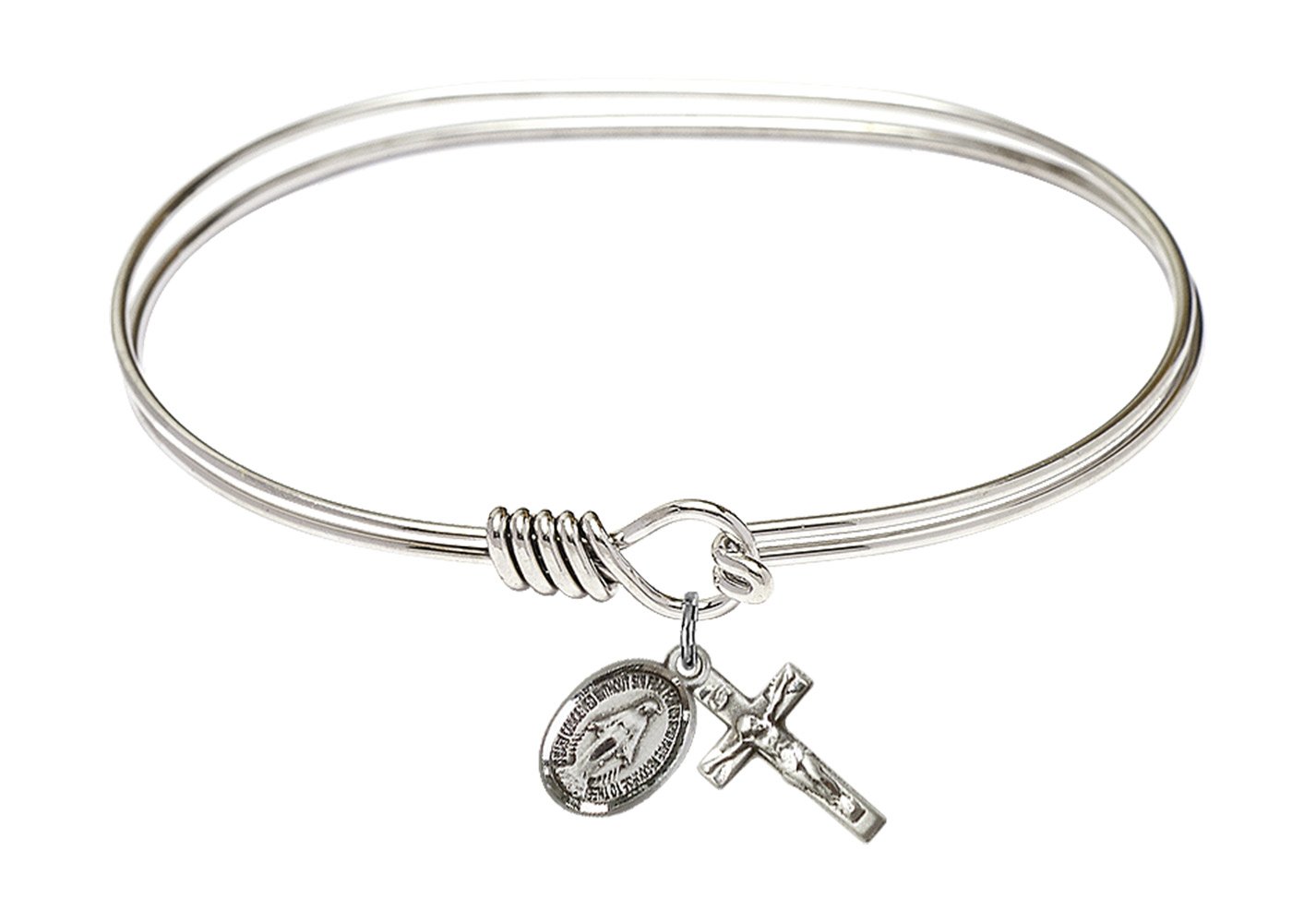 Oval Eye Hook Bangle Bracelet with Miraculous Medal & Crucifix Charm - Sterling Silver Religious Jewelry for Women - Perfect for Church, Baptism & Everyday Faith Wear