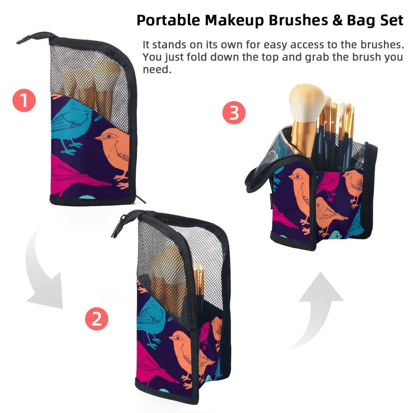 12-Piece Makeup Brush Organizer Bag with Colorful Birds Design - Portable Travel Cosmetic Brush Holder Case for Professional & Home Makeup Artists | Perfect for Travel, Salon Use & Daily Beauty Routine