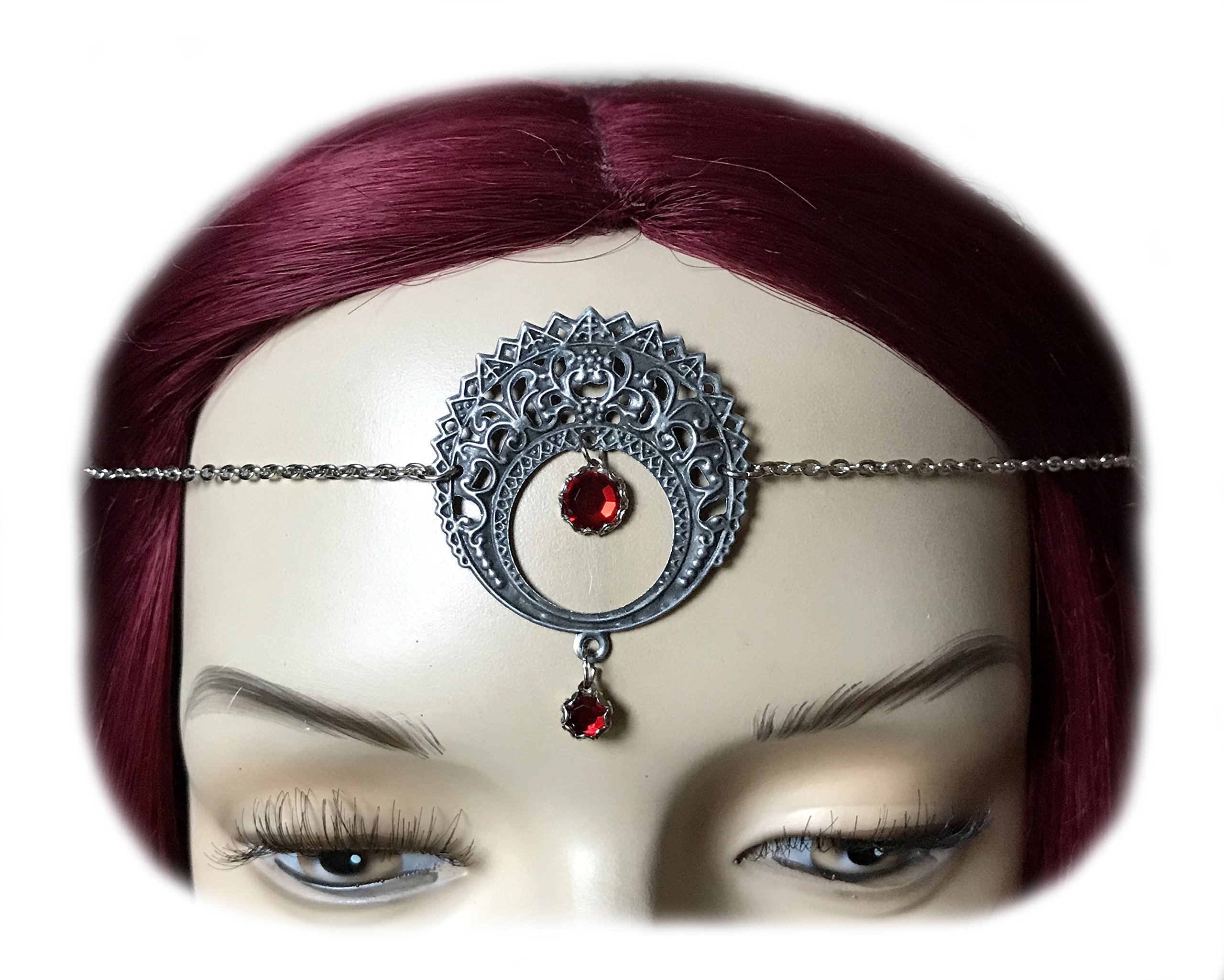 Elegant Filigree Crescent Moon Headpiece with Ruby Red Gemstone – Perfect for Weddings, Cosplay, and Bohemian Fashion Accessories