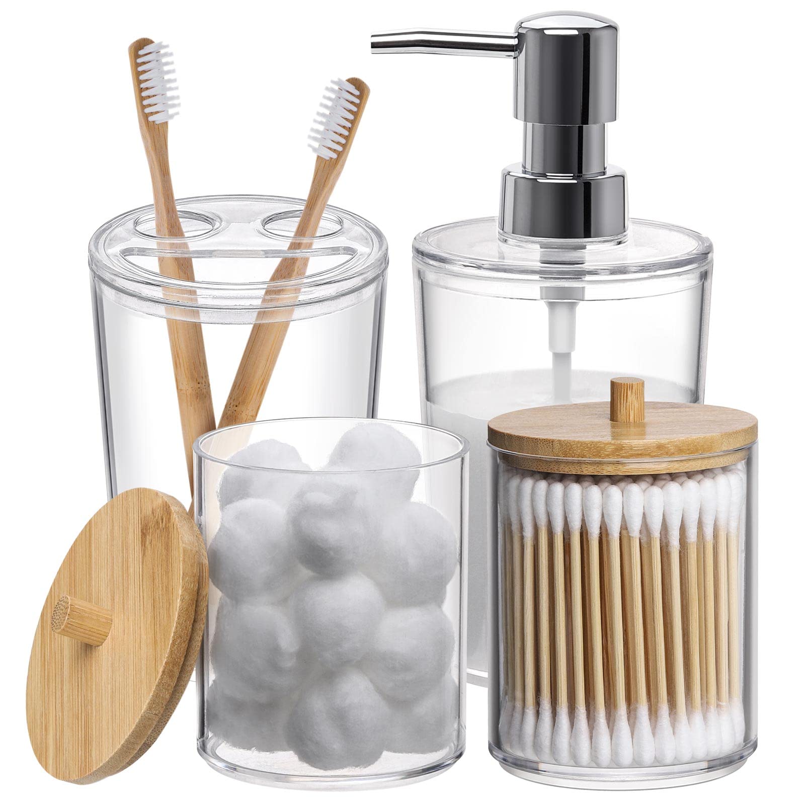 Clear Plastic Bathroom Accessories Set - 4 Piece Soap Dispenser, 2 Bamboo Lid Q-tip Jars & Toothbrush Holder | Modern Countertop Organizer for Vanity, Sink & Guest Bathroom Decor