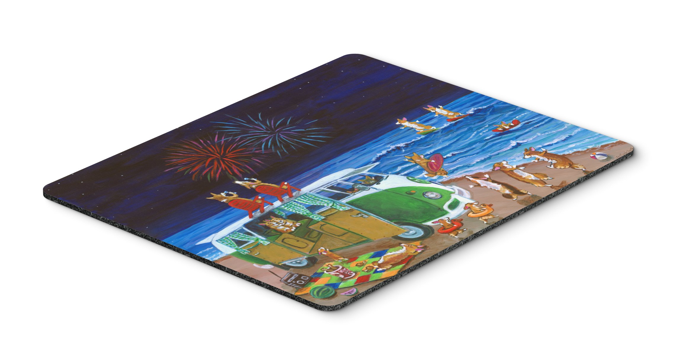 Corgi Beach Party Volkswagen Bus Fireworks Mouse Pad - Large Washable Non-Slip Desk Mat for Home Office, Gaming & Work Computers | Fun Decor for Volkswagen & Corgi Lovers