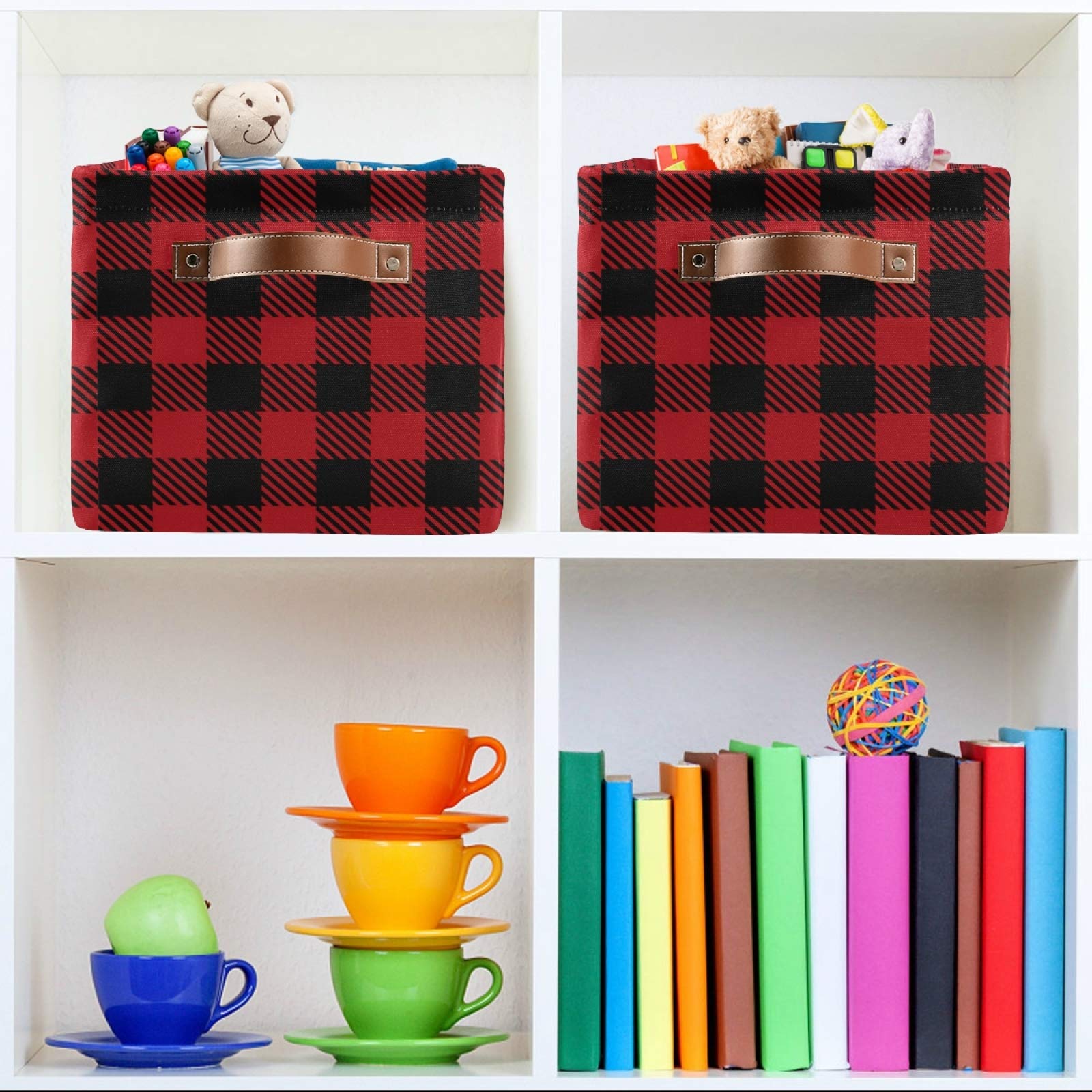 ALAZA Foldable Storage Bins - Black and Red Lumberjack Plaid Fabric Storage Boxes with Handles | Closet Organizer for Bedroom, Nursery, Kids Room | Perfect for Toys, Books, Blankets & Seasonal Storage (Set of 2) | Space-Saving Home Organization Solution