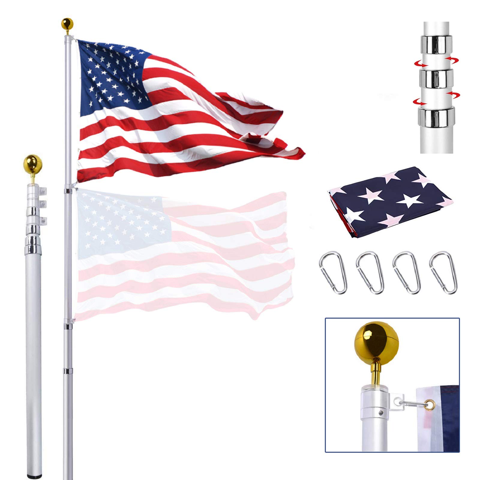 25FT Heavy Duty Telescoping Flag Pole Kit - Extra Thick Aluminum Inground Flagpole with 3x5 American Flag & Golden Ball Top | Fly 2 Flags | Outdoor Use for Residential, Yard, Commercial & Patriotic Events