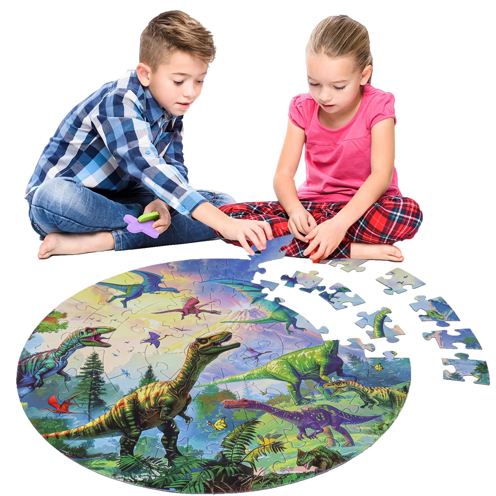 Dinosaur Floor Puzzles for Kids Ages 3-8 | 70 Piece Jumbo Round Jigsaw Puzzle | Preschool Learning & Educational Toys Gift for Boys & Girls | Perfect for Playtime, Classroom Activities & Birthday Gifts