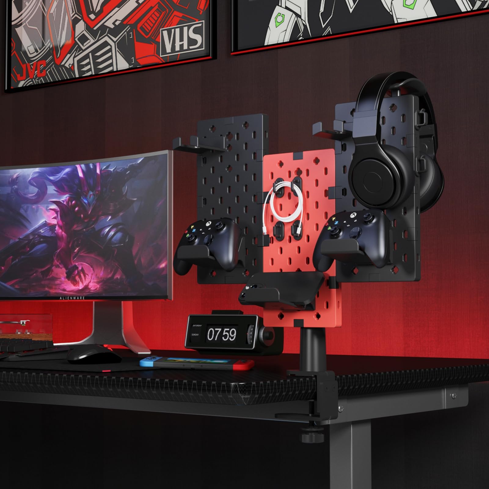 PEGZONE Modular Headphone & Controller Holder - Rotatable Gaming Stand with Cable Hooks for Xbox PS5 PS4 Nintendo Switch | Clamp-on Pegboard Organizer (3-Piece Set, Red) | Perfect for Gaming Setup & Desk Organization