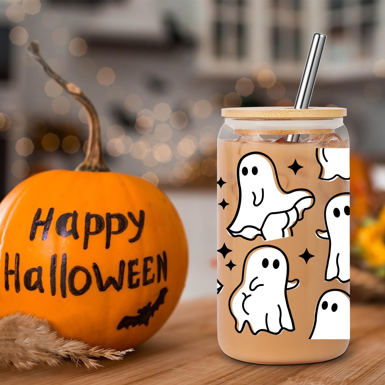 Spooky Halloween Ghost Glass Tumbler - 16oz Insulated Cute Halloween Cup with Lid & Straw - Iced Coffee Mug for Women, Men, Teens - Perfect Halloween Gift for Lovers (Great for Trick-or-Treat, Office Parties & Fall Decor)