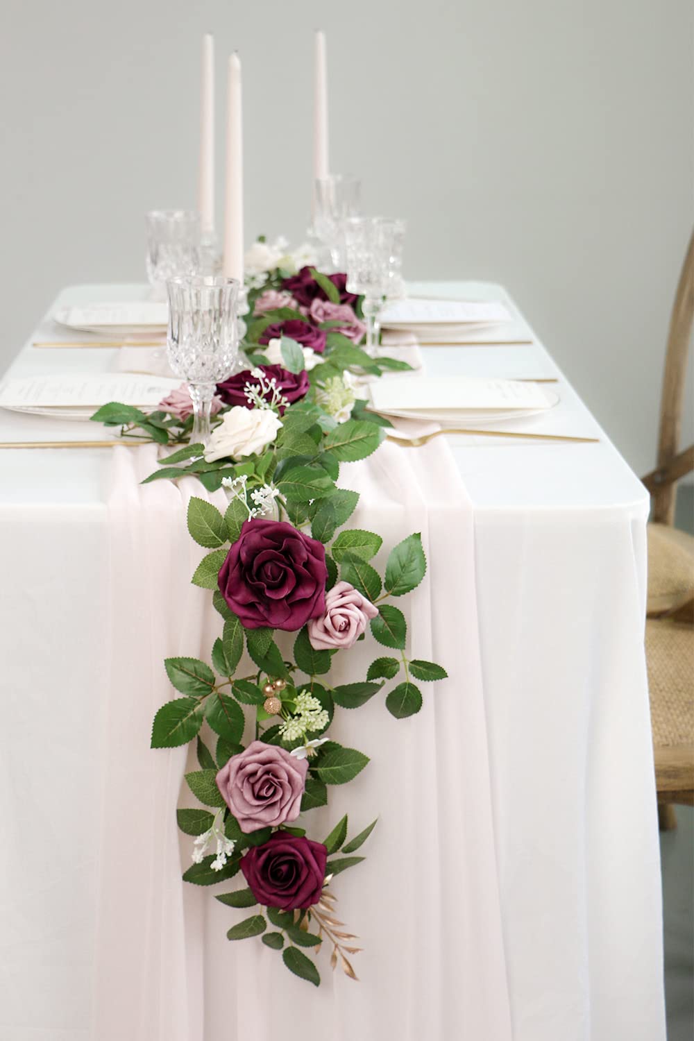 PONATIA 5FT Handcrafted Burgundy Artificial Rose Garland - Dusty Rose Silk Flowers for Wedding Arch Backdrop, Christmas Decor, Table Centerpiece - Perfect for Ceremony Decorations, Holiday Party, Home & Event Decor