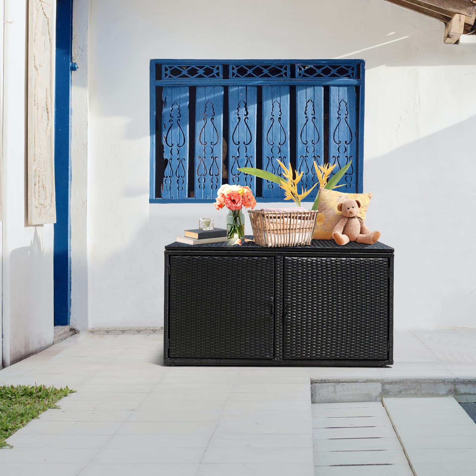 HAPPYGRILL 88 Gallon Outdoor Wicker Storage Box - Rattan Deck Box for Patio Furniture, Garden Tools & Yard Accessories - Weatherproof Storage Solution for Balcony, Porch & Backyard Organization