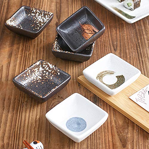 Japanese Style Square Porcelain Side Dish Bowls - Black & White / Black & Brown (Set of 4) - Perfect for Soy Sauce, Dipping Sauces, Seasonings, Sushi, and Asian Cuisine