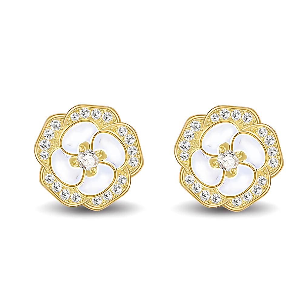 18K Gold Plated Flower Stud Earrings for Women - Hypoallergenic Natural Shell Dainty Earrings | Cute Jewelry Gift for Teen Girls & Women | Perfect for Parties, Weddings & Everyday Wear
