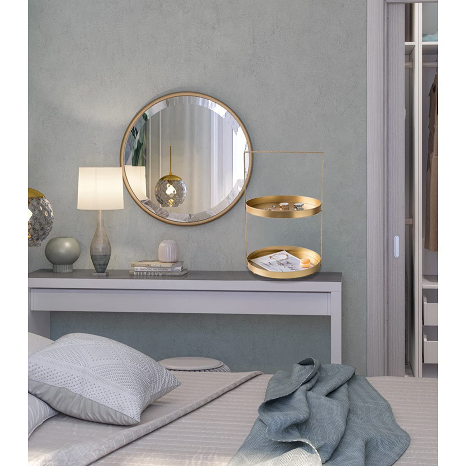 Gold Metal Makeup Organizer - Desktop Cosmetic Storage Box with Jewelry Tray for Dressing Table, Bathroom & Bedroom Organization - Perfect for Cosmetics, Jewelry, Keys & Small Accessories - Elegant Home Decor for Women's Vanity & Bathroom Countertop