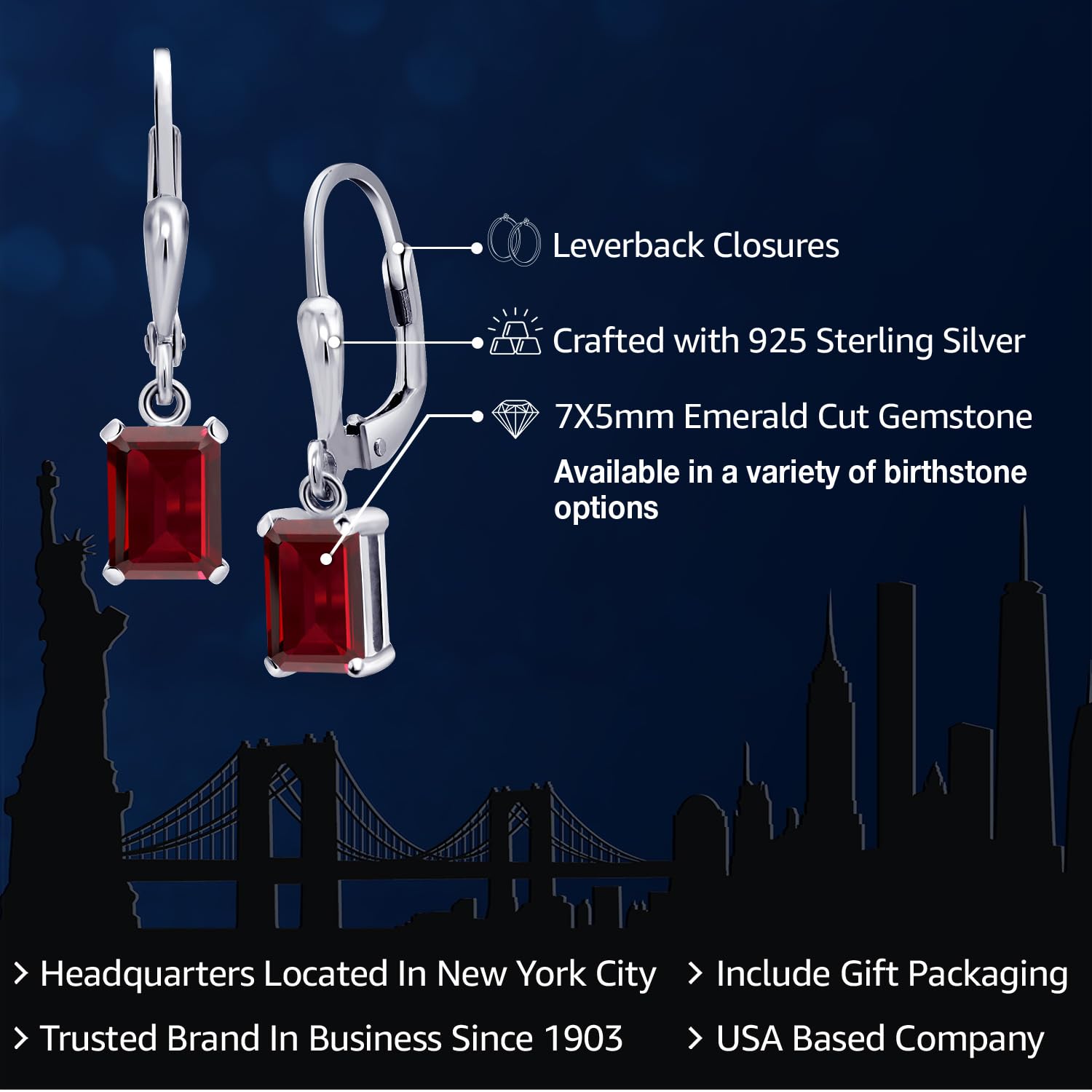 925 Sterling Silver Emerald Cut 7x5mm Birthstone Drop Dangle Earrings for Women | Gem Stone King Leverback Earrings | Perfect for Birthdays, Anniversaries & Special Occasions