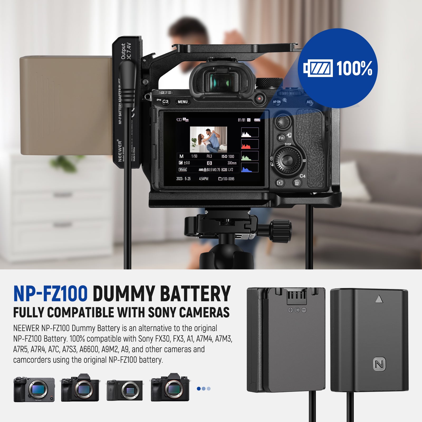 NEEWER PS004E NP-F Battery Adapter Plate with NP-FZ100 Dummy Battery - Power Your Sony Camera for Extended Shooting | Perfect for Photography, Videography & Live Streaming