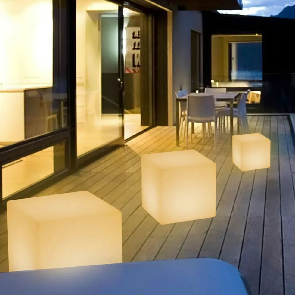 Modern White Cubic LED Outdoor Floor Lamp - Waterproof & Dimmable for Patio, Garden, Deck Lighting | Perfect for Backyard, Poolside & Landscape Illumination