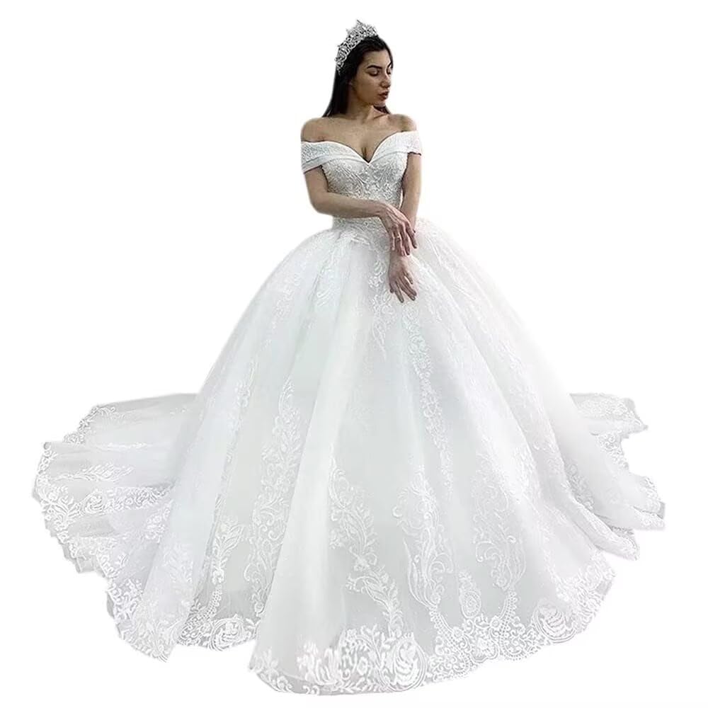 Elegant Off Shoulder Lace Wedding Dress for Bride – A-Line Princess Ball Gown with Appliques | Perfect for Church Ceremony, Beach Wedding & Formal Reception