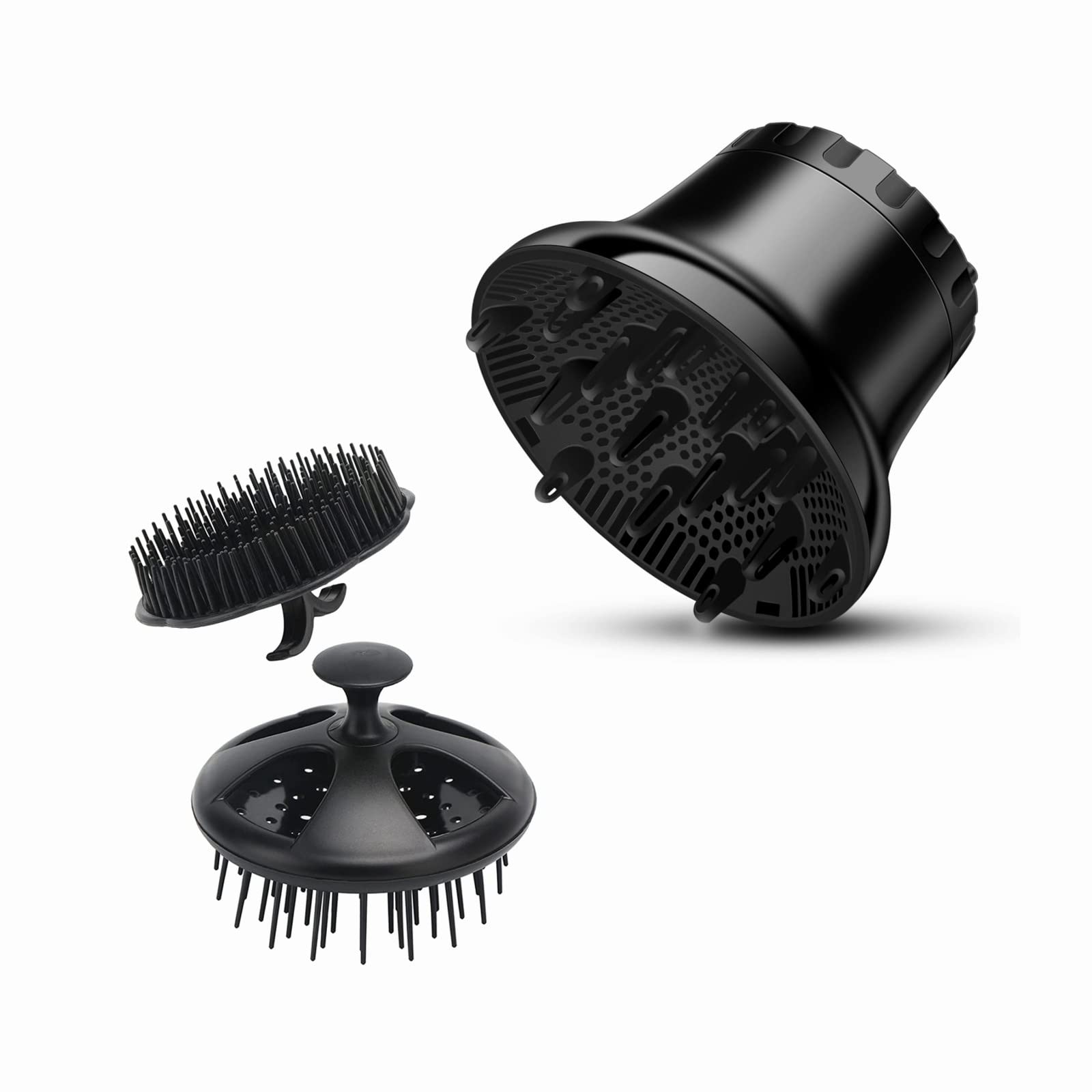 Segbeauty Universal Hair Diffuser & Scalp Massage Shampoo Brush Set - Blow Dryer Attachment for Curly Hair (Fits 1.65