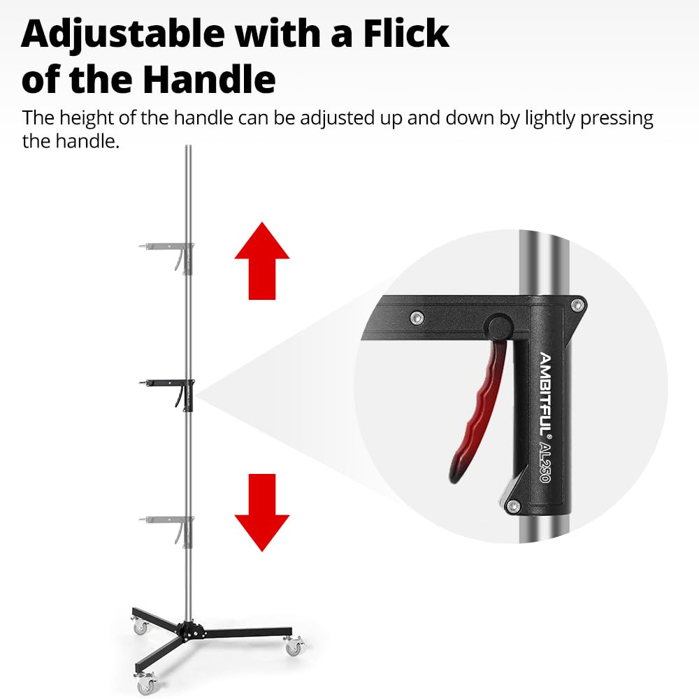AMBITFUL 7.8Ft Wheeled Mobile Light Stand for Studio Photography - 94 Inch Adjustable Grip Stand Compatible with Strobe & LED Lights - Perfect for YouTube, TikTok & Portrait Shooting