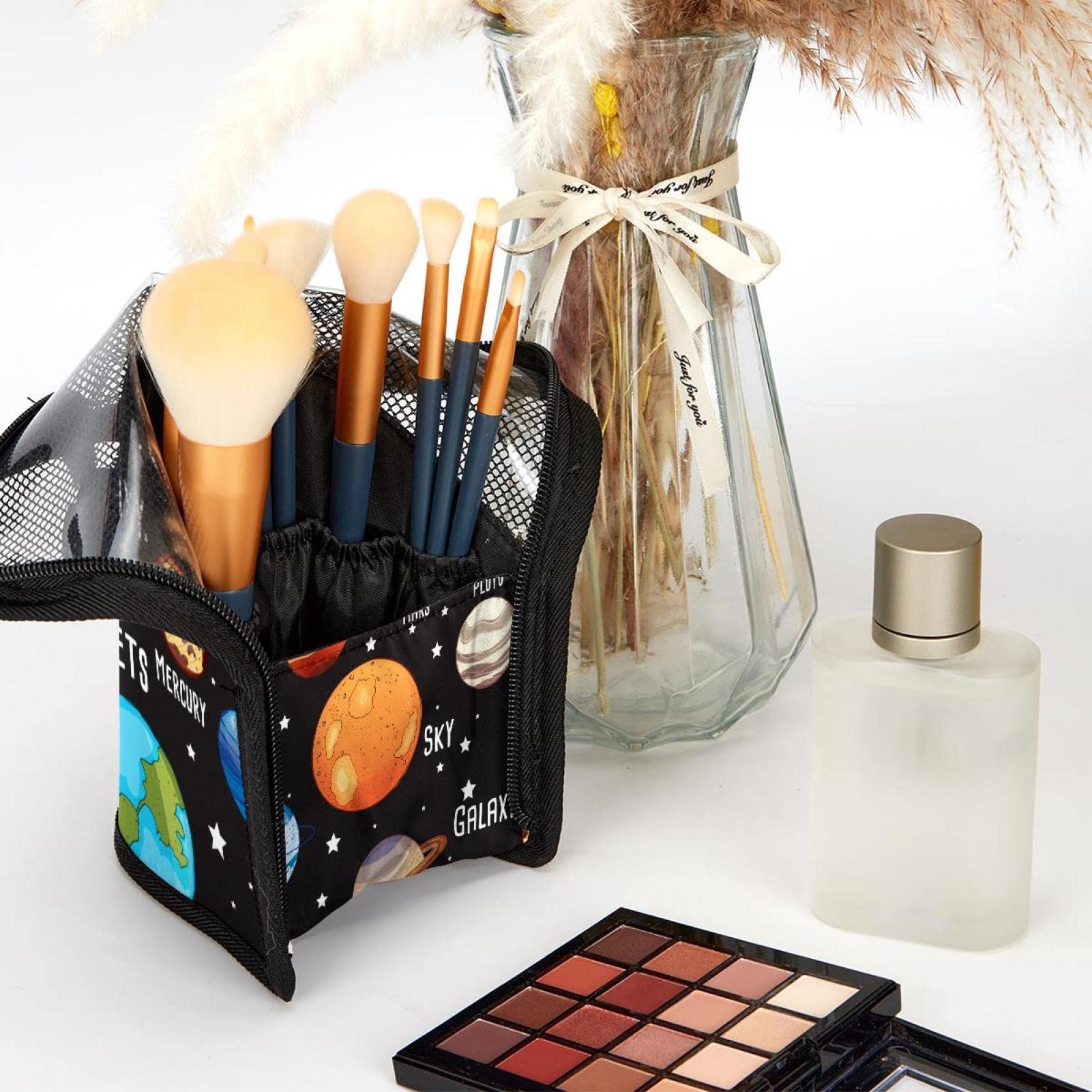 12-Piece Makeup Brush Organizer Bag with Solar System Design - Portable Cosmetic Brush Holder Case for Travel & Home Storage - Perfect for Makeup Artists & Beauty Enthusiasts