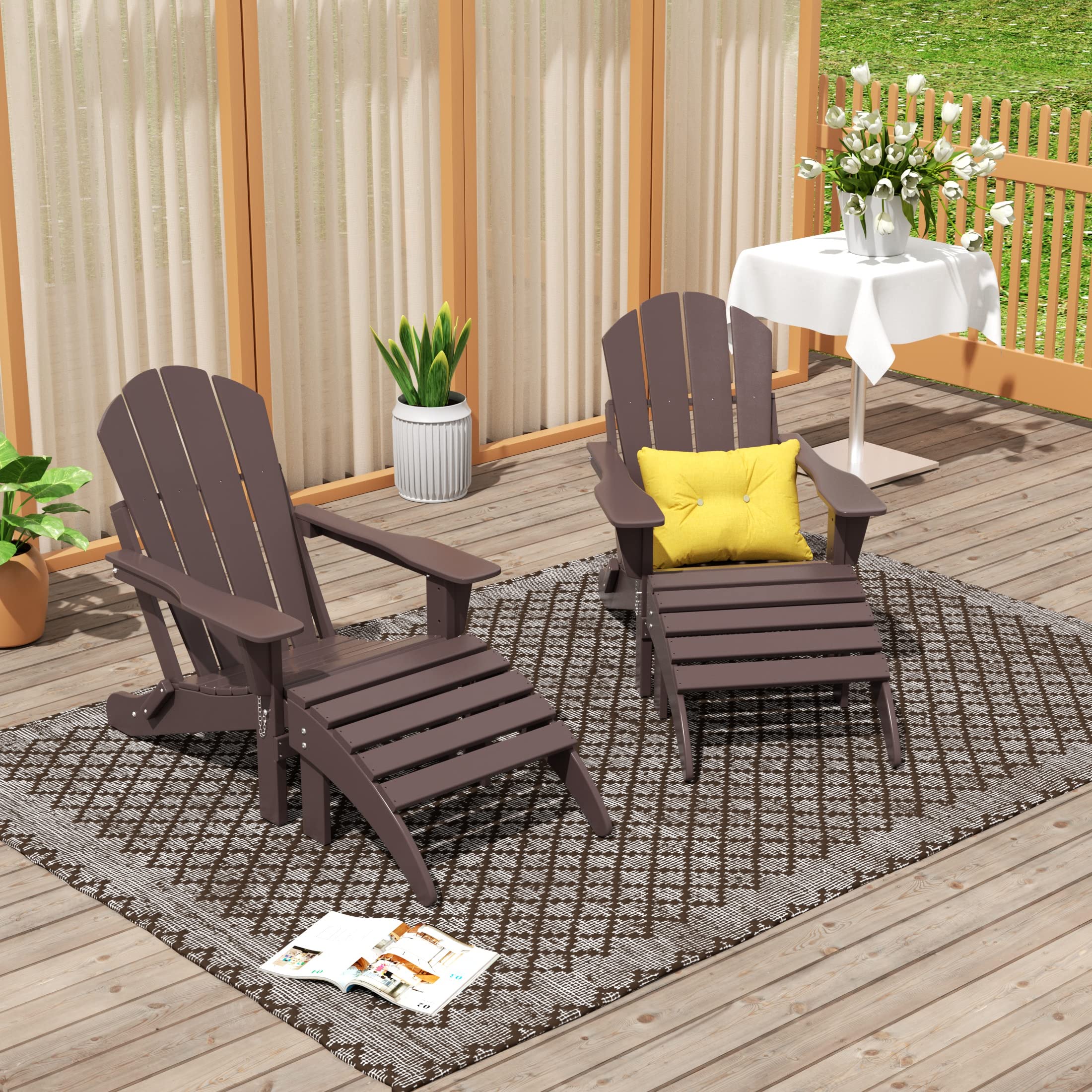 WO Home Furniture Adirondack Chair & Ottoman Set of 2 - Classic Outdoor Patio Furniture in Dark Brown - Perfect for Backyard, Garden, and Poolside Relaxation