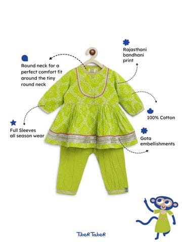 Pre Order: Baby Girl Bandhani Cotton Angrakha Suit Set - Green | Traditional Indian Ethnic Outfit for Festivals & Special Occasions