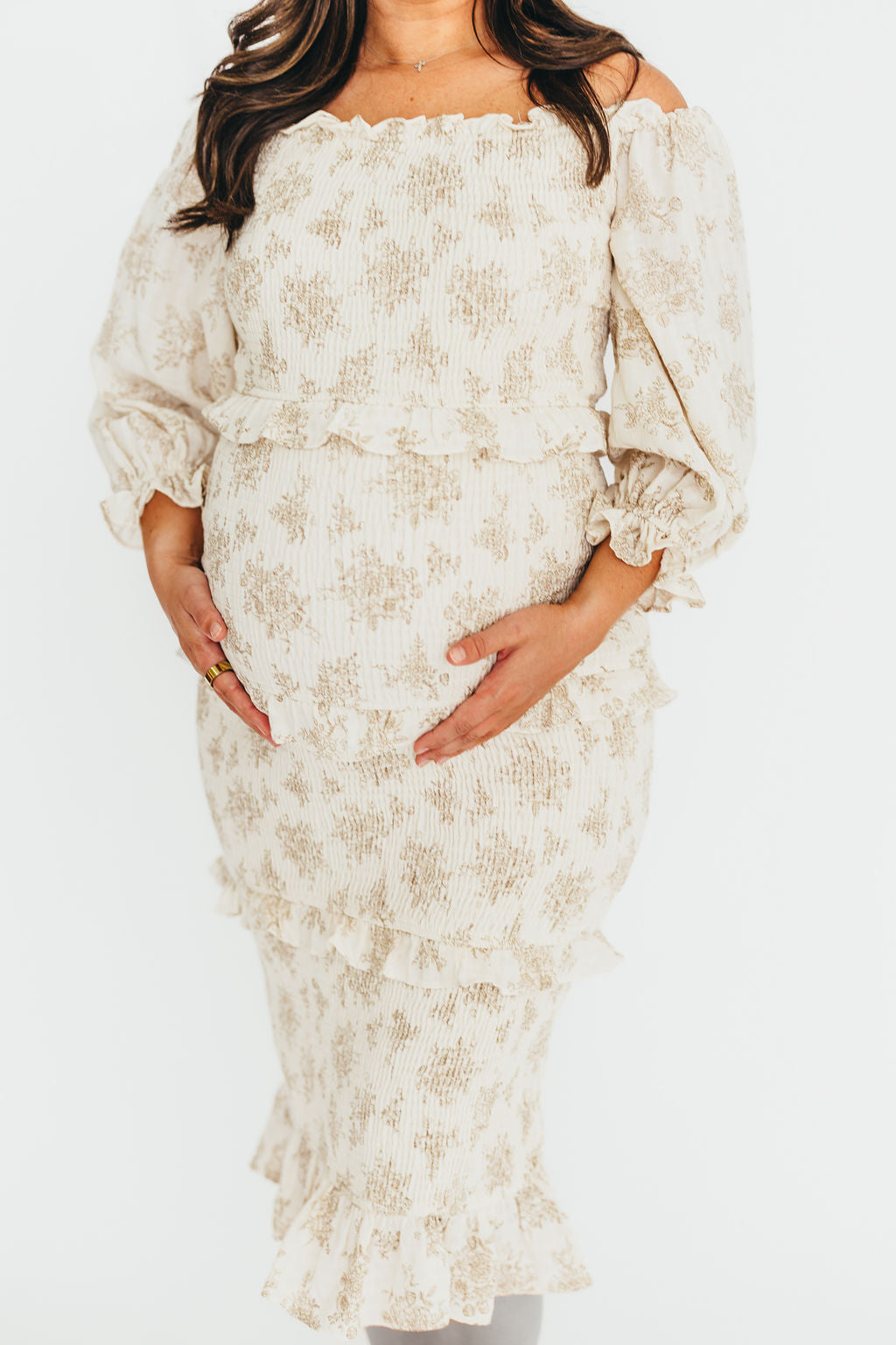 Chloe Maternity Midi Dress in Brown - Bump Friendly Pregnancy Dress for Women | Perfect for Baby Showers, Maternity Photos & Special Occasions