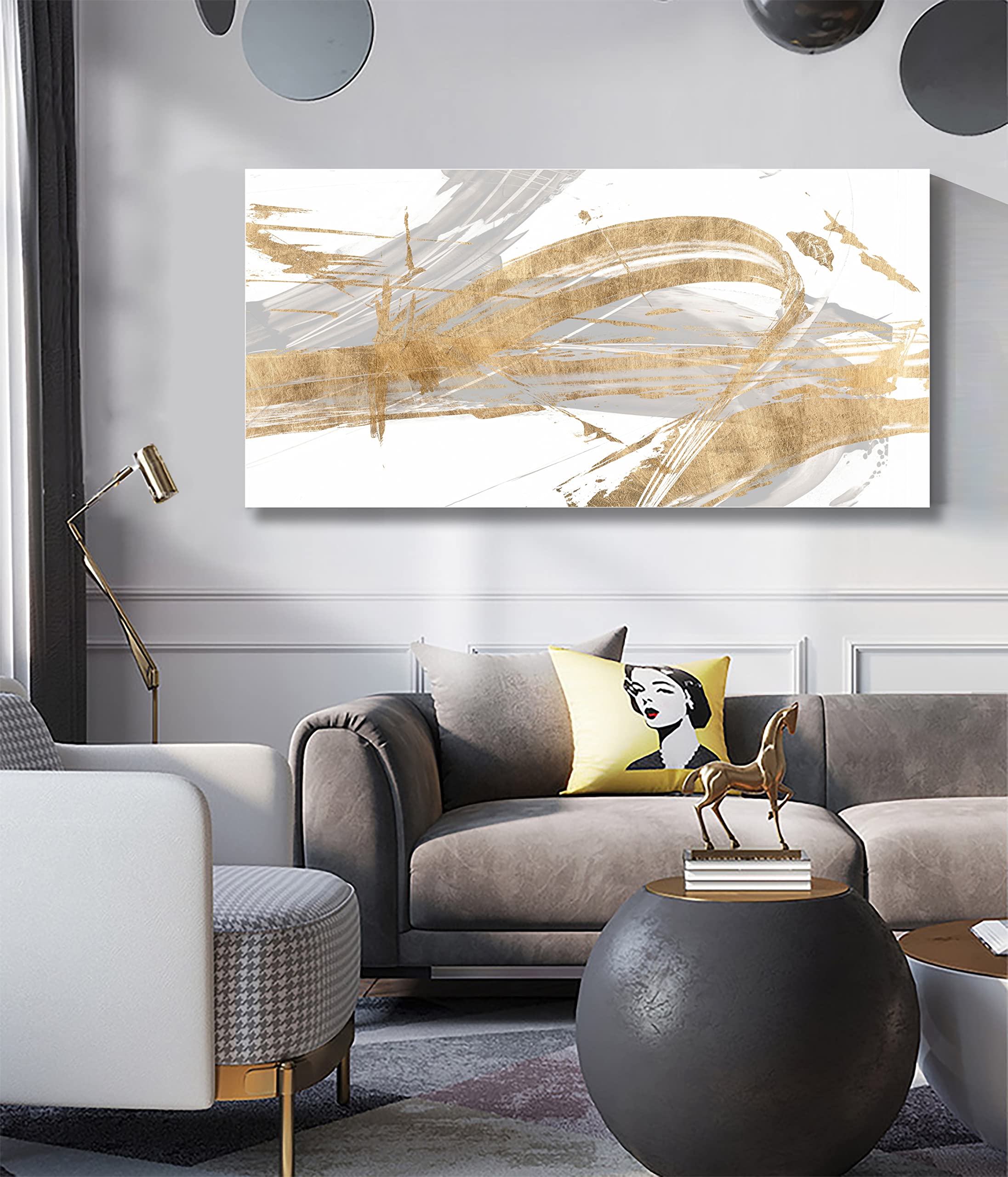 Abstract Wall Art Canvas Print - Grey & Gold Line Modern Framed Painting 24x48 inches (60x120cm) for Living Room, Bedroom, Office & Bathroom Decor | Contemporary Home Artwork for Stylish Interior Design