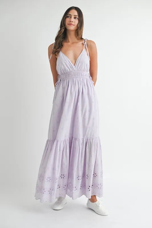 Elegant Eyelet Lace Maxi Dress with Adjustable Side Straps - Perfect for Summer Weddings, Beach Vacations & Boho Fashion