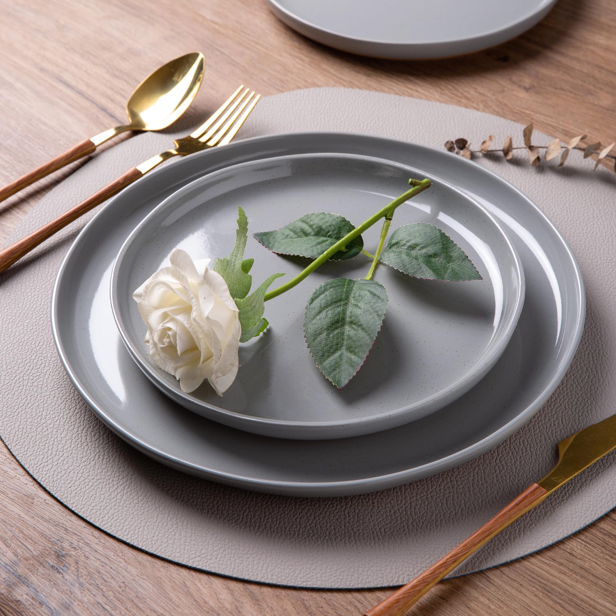 AmorArc 12-Piece Ceramic Dinnerware Set for 4 - Hand-Painted Stoneware Plates & Bowls with Rustic Terracotta Underside, Scratch Resistant, Dishwasher & Microwave Safe, Gray - Perfect for Family Dinners, Entertaining Guests & Everyday Use