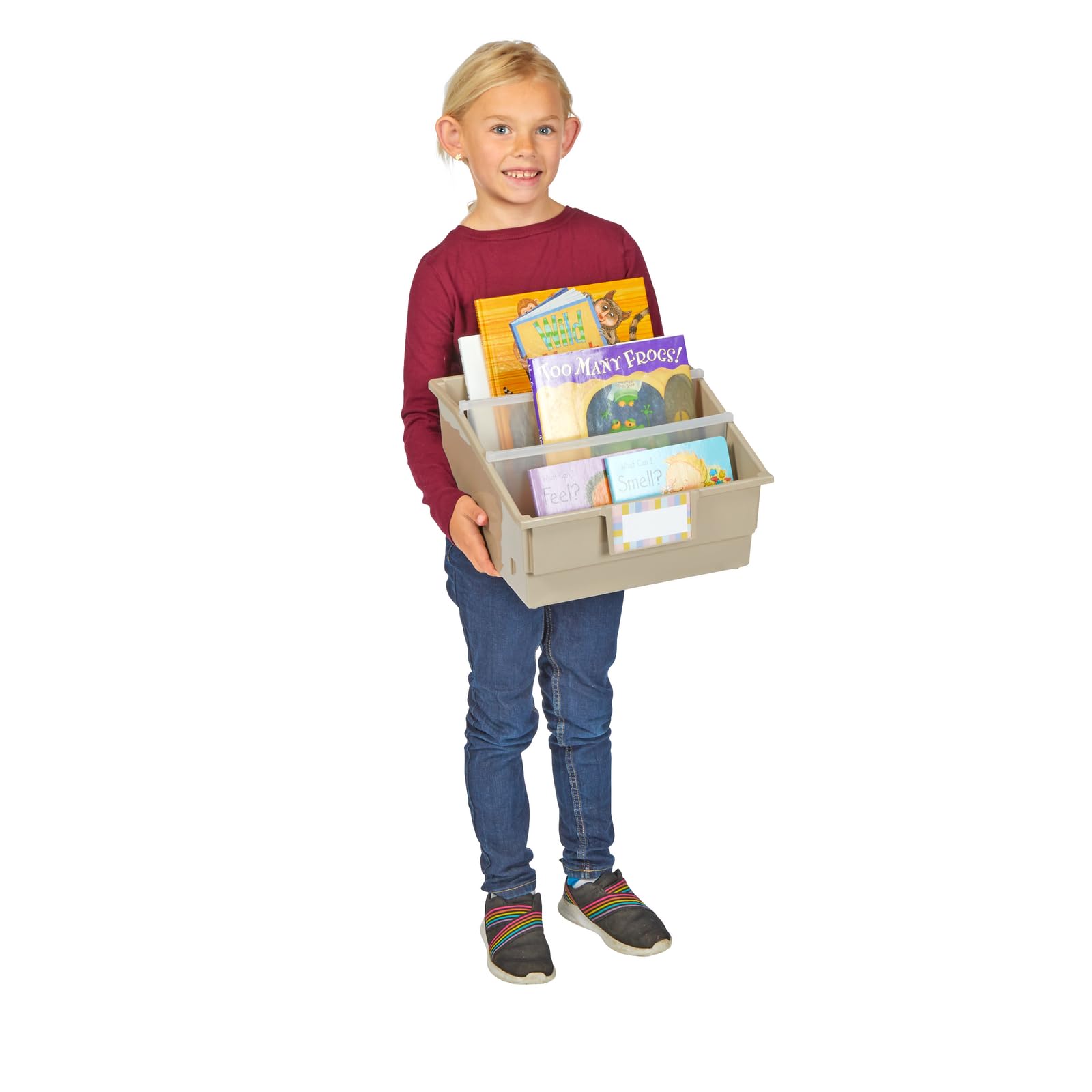 Really Good Stuff 6-Pack Tan Picture Book Classroom Library Bins with Dividers - Durable Book Storage Organizer for School, Classroom, and Home Reading Corners