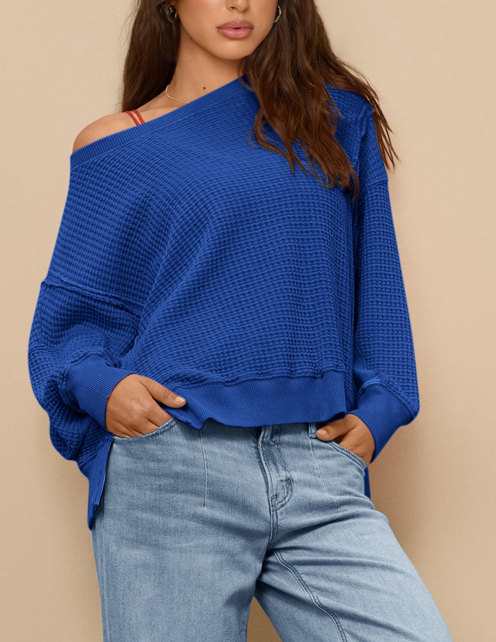 PRETTYGARDEN Women's Oversized Crewneck Sweatshirt - Soft Waffle Knit Long Sleeve Pullover Top for Fall & Spring | Casual Loungewear, Streetwear Fashion