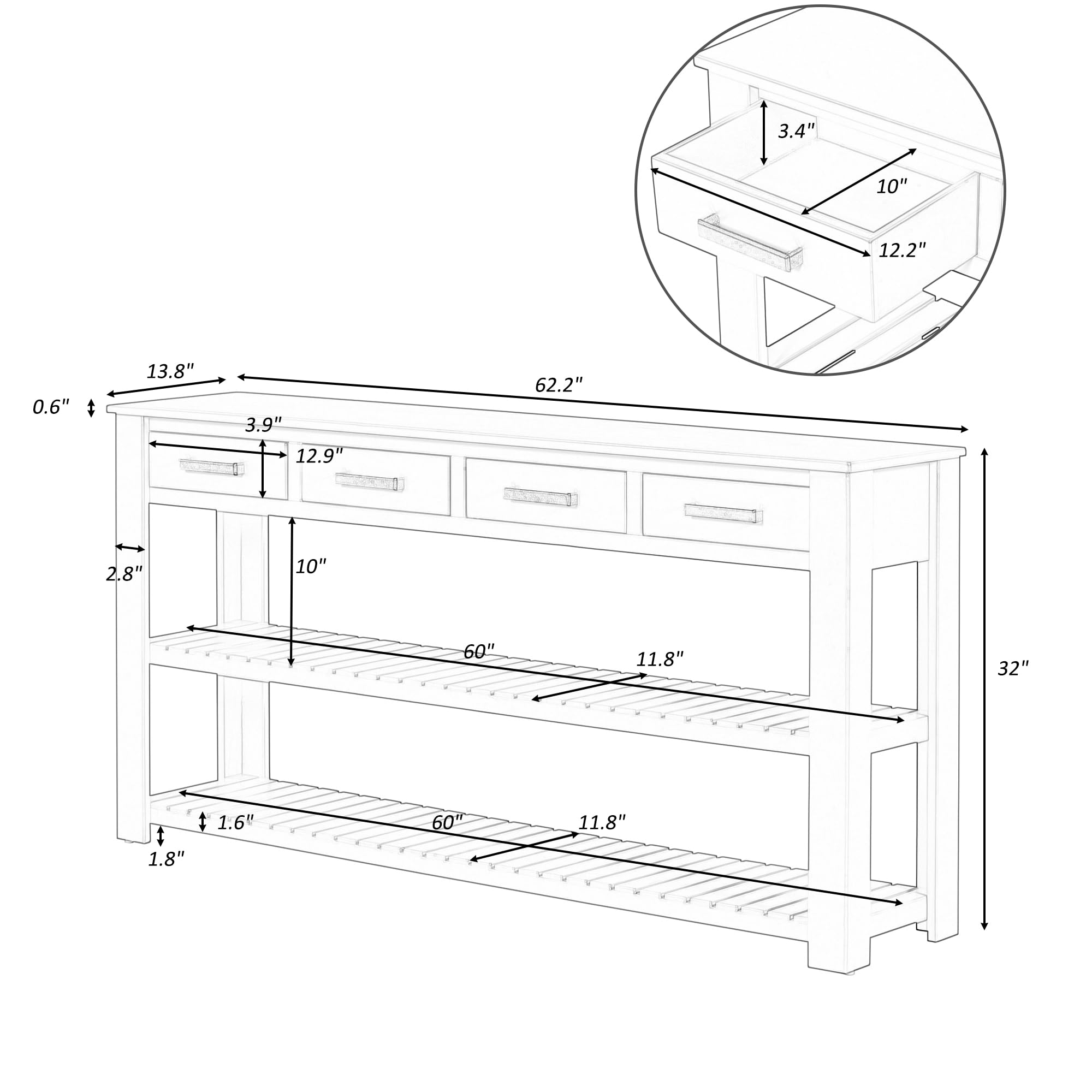 Stylish Rustic Entryway Console Table with 4 Drawers & Shelves - Perfect for Living Room & Bedroom (Black)